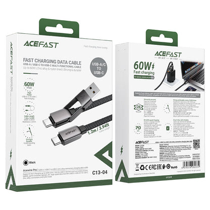 كابل ACEFAST Acewire Pro C13-04 من USB-A/USB-C إلى USB-C بطول 1.2م – شحن سريع 60 واط ونقل بيانات USB 2.0، أسود مضفّر بالنايلون