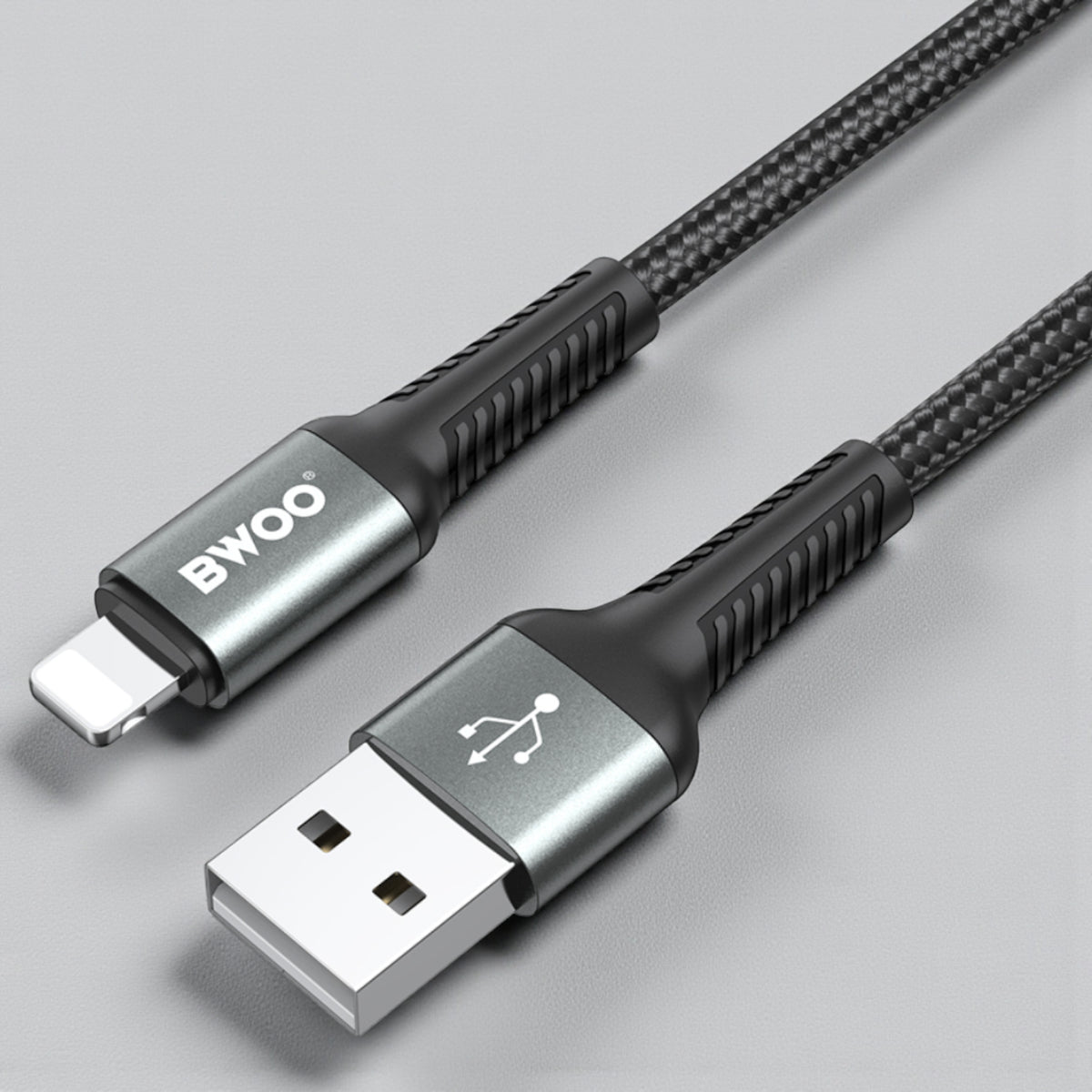BWOO USB-A to Lightning Fast Charging Data Cable 2M – 3.0A Output, Nylon Braided, High-Speed 480Mbps Sync, Durable Aluminum Shell – Black