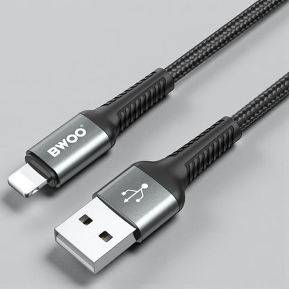 BWOO USB-A to Lightning Fast Charging Data Cable 2M – 3.0A Output, Nylon Braided, High-Speed 480Mbps Sync, Durable Aluminum Shell – Black