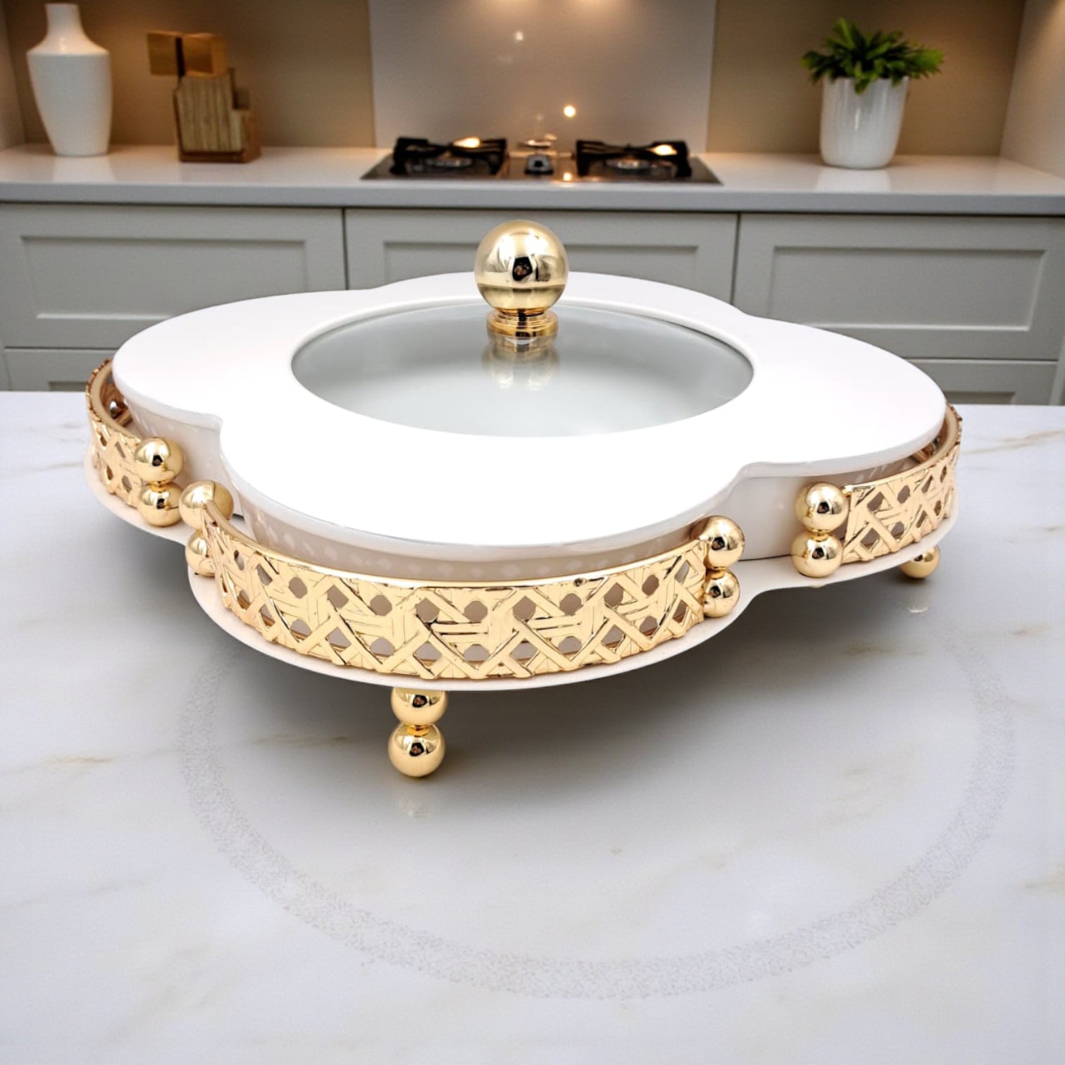 Elegant Ceramic Serving Bowl with Golden Metal Stand and Glass Lid – Luxury Flower-Shaped Dish for Sweets, Snacks & Dry Fruits | Al Habbai Collection - Damoo