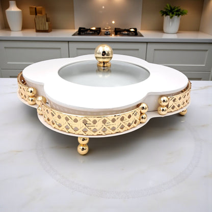 Elegant Ceramic Serving Bowl with Golden Metal Stand and Glass Lid – Luxury Flower-Shaped Dish for Sweets, Snacks & Dry Fruits | Al Habbai Collection - Damoo
