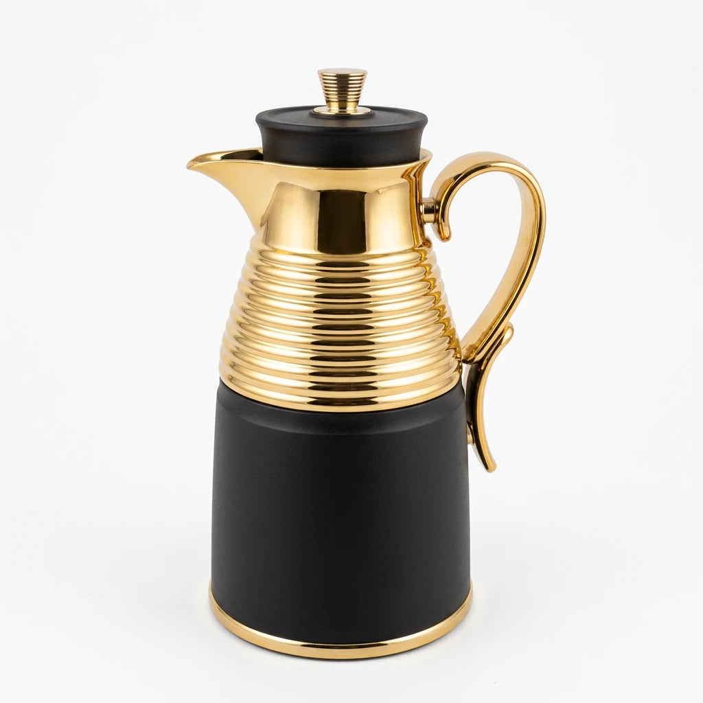 GERMAX Original Gold & Black Vacuum Flask 1L – Arabic Coffee & Tea Thermos | PINK Glass Refill | 12H Heat Retention | Luxury Gold Handle Design | Made in P.R.C. - Damoo