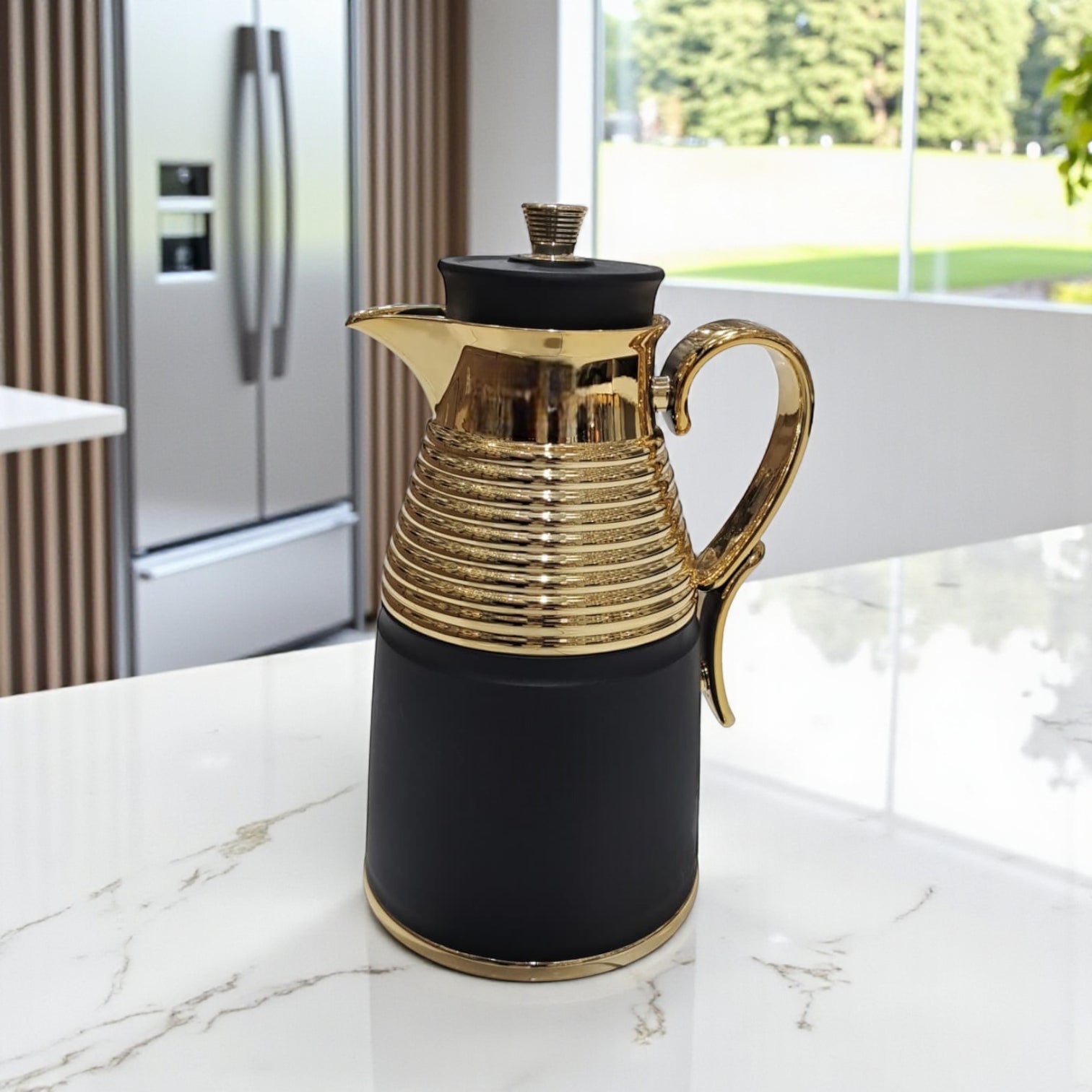 GERMAX Original Gold & Black Vacuum Flask 1L – Arabic Coffee & Tea Thermos | PINK Glass Refill | 12H Heat Retention | Luxury Gold Handle Design | Made in P.R.C. - Damoo