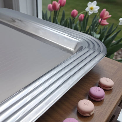 Ansa Luxury Rectangular Silver Serving Tray – Premium Gloss Shine Finish | Durable, Lightweight & Elegant | Ideal for Tea, Coffee, Snacks, Desserts, Parties & Home Hospitality – H(1.5cm) x W(28cm) x L(40cm)
