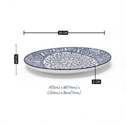 Ceramic Oval Bowl 20 cm – Blue Arabesque Pattern | Glazed Porcelain Serving Bowl for Snacks, Desserts, Nuts & Side Dishes | Microwave & Dishwasher Safe