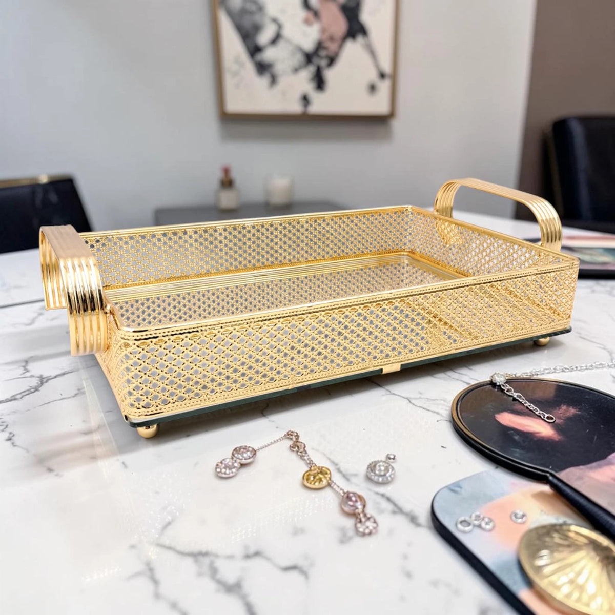 Decorative Glass Luxury Gold Finish Mirror Serving Tray with Handles Rectangular Decorative Vanity Organizer Tray - Damoo