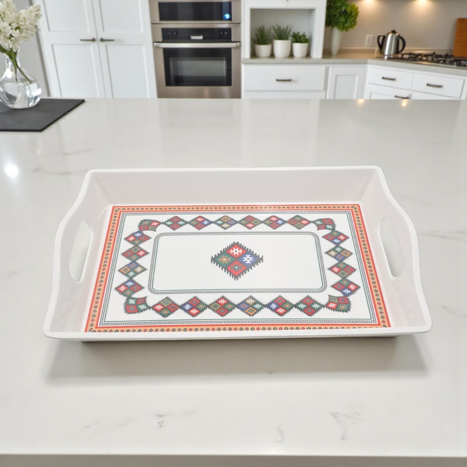 Traditional Patterned Serving Tray – White Rectangular Plastic Tray with Arabic Geometric Design | Durable Handled Tray for Tea, Coffee & Snacks - Damoo