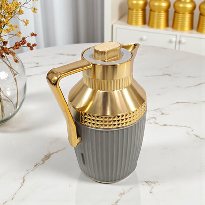 GERMAX Original Gold & Grey Vacuum Flask 1L – Luxury Insulated Arabic Coffee & Tea Thermos | Premium Glass Liner | 12H Heat / 24H Cold Retention | Modern Geometric Design - Damoo