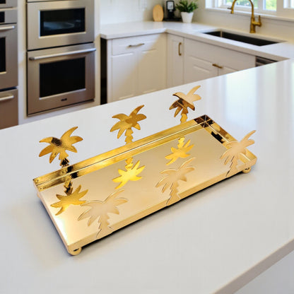 صندوق زخرفي فاخر على شكل شجرة نخيل من الأكريليك والذهب - صينية تخزين أنيقة مع غطاء وقاعدة ذهبية وتصميم نخلة (الارتفاع 16 سم × العرض 10 سم × الطول 24.5 سم)  