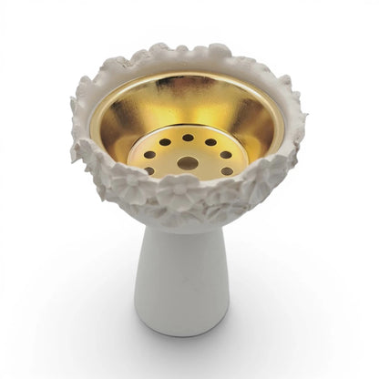 Floral Decorative Incense Burner for Bakhoor Oud, White Ceramic Style Burner with Gold Metal Cup, Elegant Home Fragrance Burner (8H x 6L × 6W CM) - Damoo