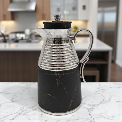 GERMAX Original Black Marble Vacuum Flask 1L – Luxury Gold & Silver Thermos | Premium Glass Liner | 12H Heat Retention | Arabic Coffee & Tea Pot | High-Gloss Metal Finish - Damoo