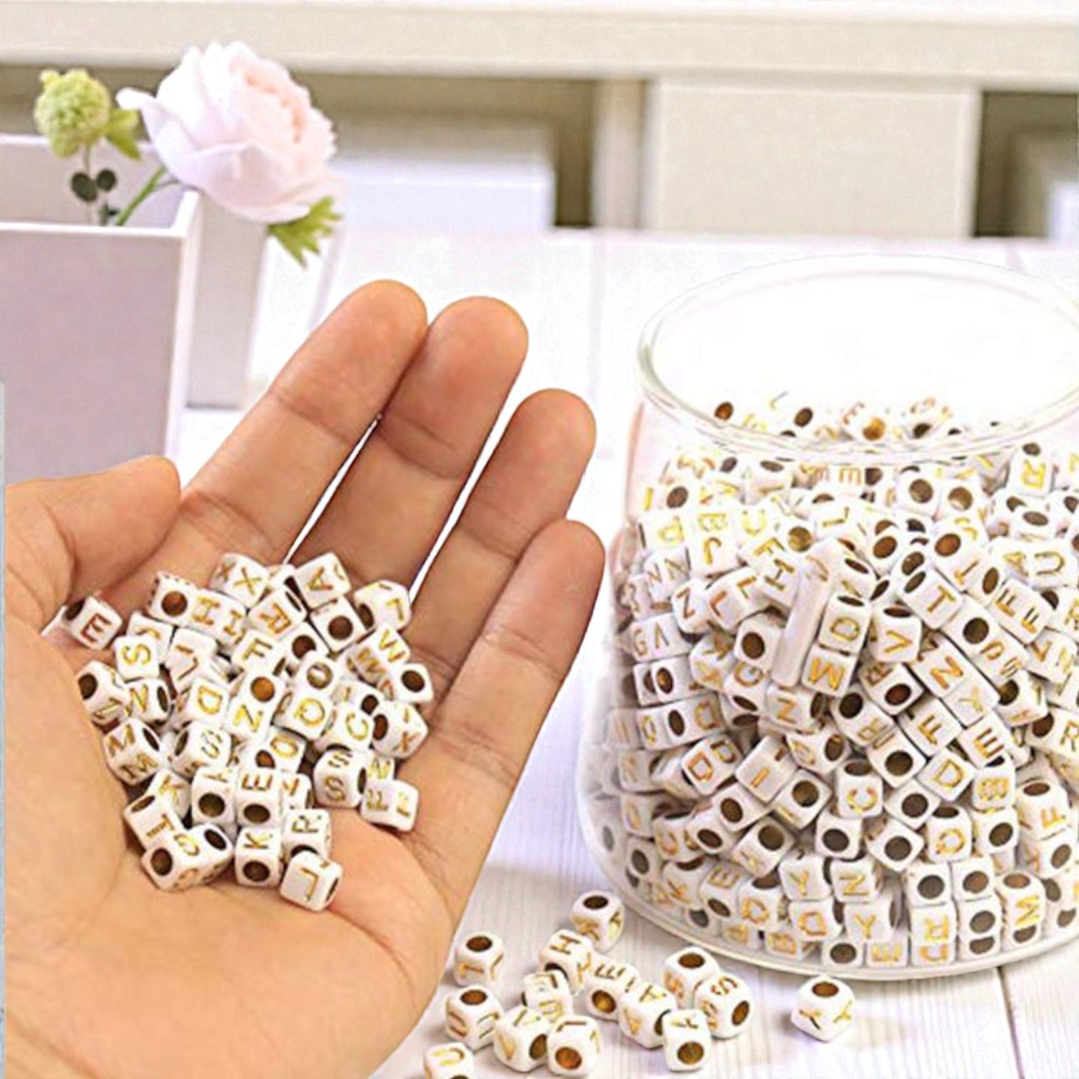 Italo Alphabet Letter Cube Beads for Jewelry Making – White Acrylic Gold Letters DIY Craft Beads (20G) - Damoo