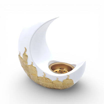 Luxury Ramadan Crescent Incense Burner – White Ceramic Bakhoor Holder with Gold Islamic Architecture Design (15H × 14L × 8.5W CM) - Damoo