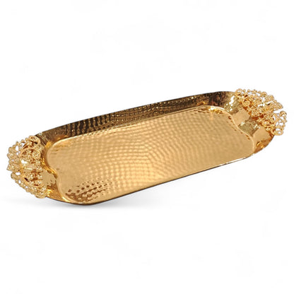 Luxury Rectangular Gold Metal Serving Tray with Decorative Floral Handles – Elegant Table & Event Decor - Damoo