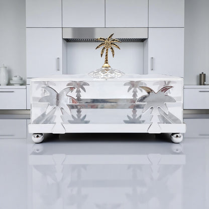Luxury Silver Palm Tree Acrylic Box with Golden Lid Handle – Elegant Decorative Tray for Sweets, Dates & Jewelry (H16cm x W20.5cm x L20.5cm)