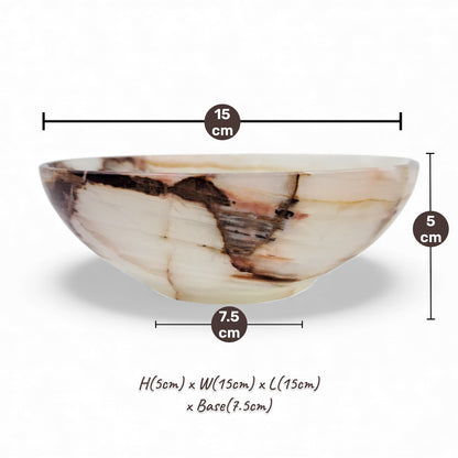 Luxury Lady White Onyx Marble Fruit Bowl – Hand-Carved Round Serving Bowl for Dining & Kitchen Decor (H5cm × W15cm × L15cm × Base7.5cm) - Damoo