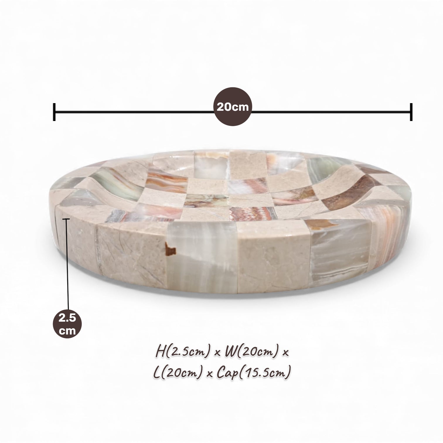 Modern Travertine & Onyx Stone Tray – Handcrafted Checkered Decorative Plate for Jewelry, Keys & Home Décor (H2.5 x 20L × 20W CM) - Damoo