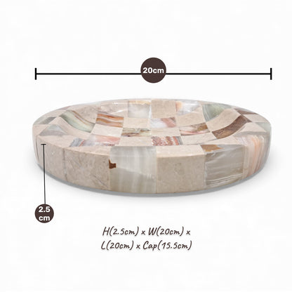 Modern Travertine & Onyx Stone Tray – Handcrafted Checkered Decorative Plate for Jewelry, Keys & Home Décor (H2.5 x 20L × 20W CM) - Damoo