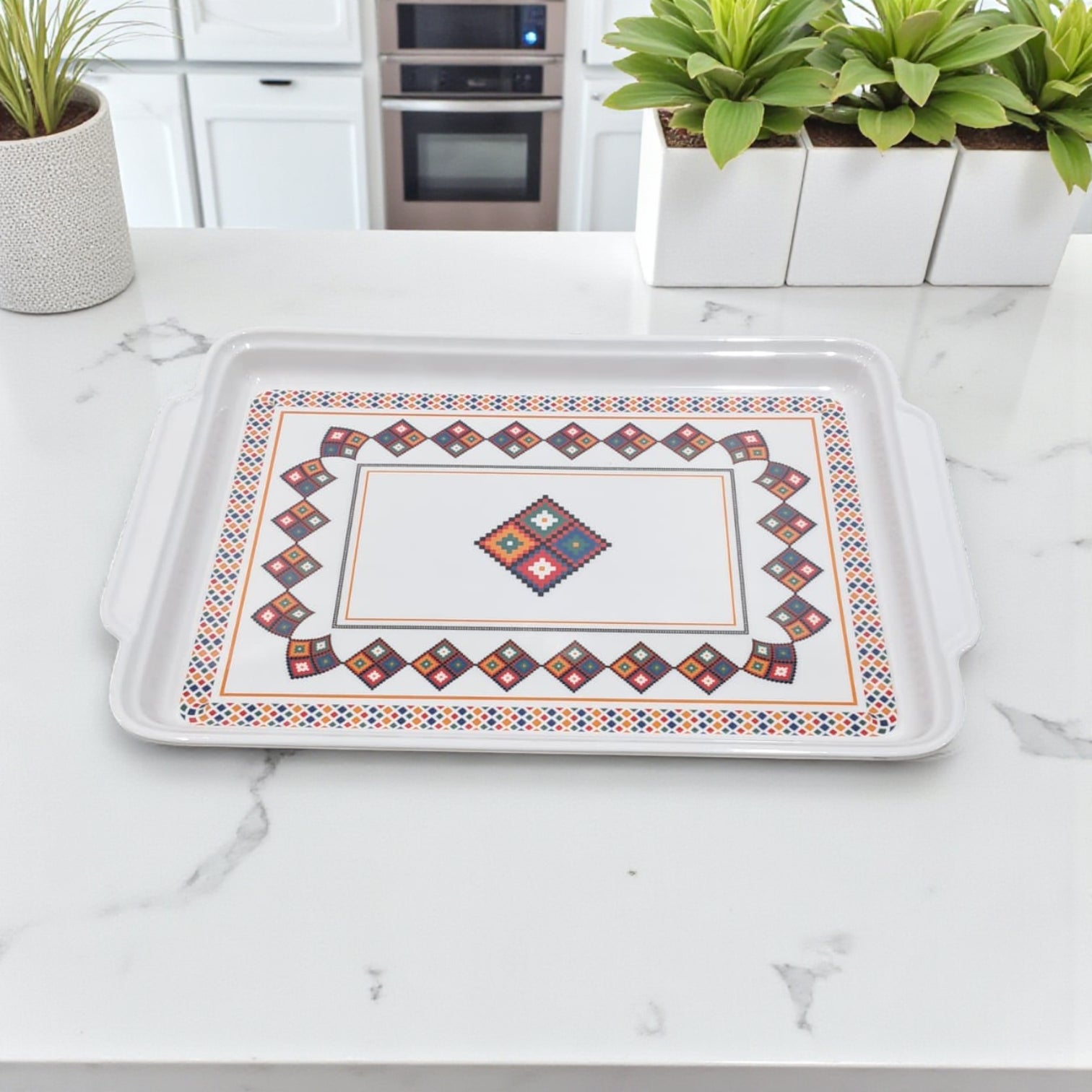 Traditional Rectangular Serving Tray – White Plastic Tray with Arabic Geometric Design | Durable Lightweight Tray for Tea, Coffee & Snacks - Damoo