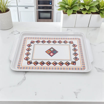 Traditional Rectangular Serving Tray – White Plastic Tray with Arabic Geometric Design | Durable Lightweight Tray for Tea, Coffee & Snacks - Damoo