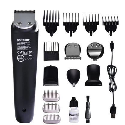 Sonashi 15-in-1 Rechargeable Hair Clipper & Grooming Kit – Stainless Steel Blades, Cordless & Corded Use, 9 Guide Combs, Full-Size & Nose Trimmer, 120min Runtime, USB Charging – With Stand & Accessories - SHC-1027N - Damoo