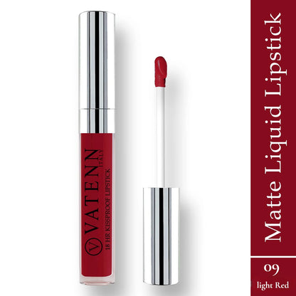 Vatenn Italy 18Hr Kissproof Lipstick – Shade 09 Light Red. Ultra matte, transfer-proof, water-resistant lipstick with bold pigment. Vegan & dermatologically tested. - Damoo