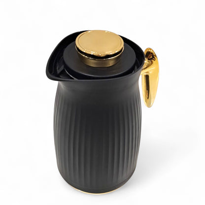 GERMAX Elegant Black & Gold Insulated Thermos Flask – Premium Vacuum Jug for Hot & Cold Beverages – 1 L Capacity with Luxury Golden Handle & Lid - Damoo