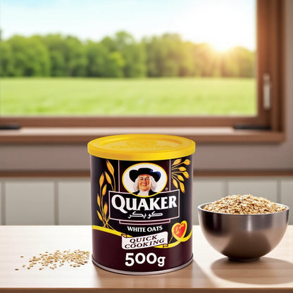 Quaker Quick Cooking White Oats 500g – 100% Whole Grain | High Fiber & Protein | Healthy Breakfast Option in Tin Can - Damoo