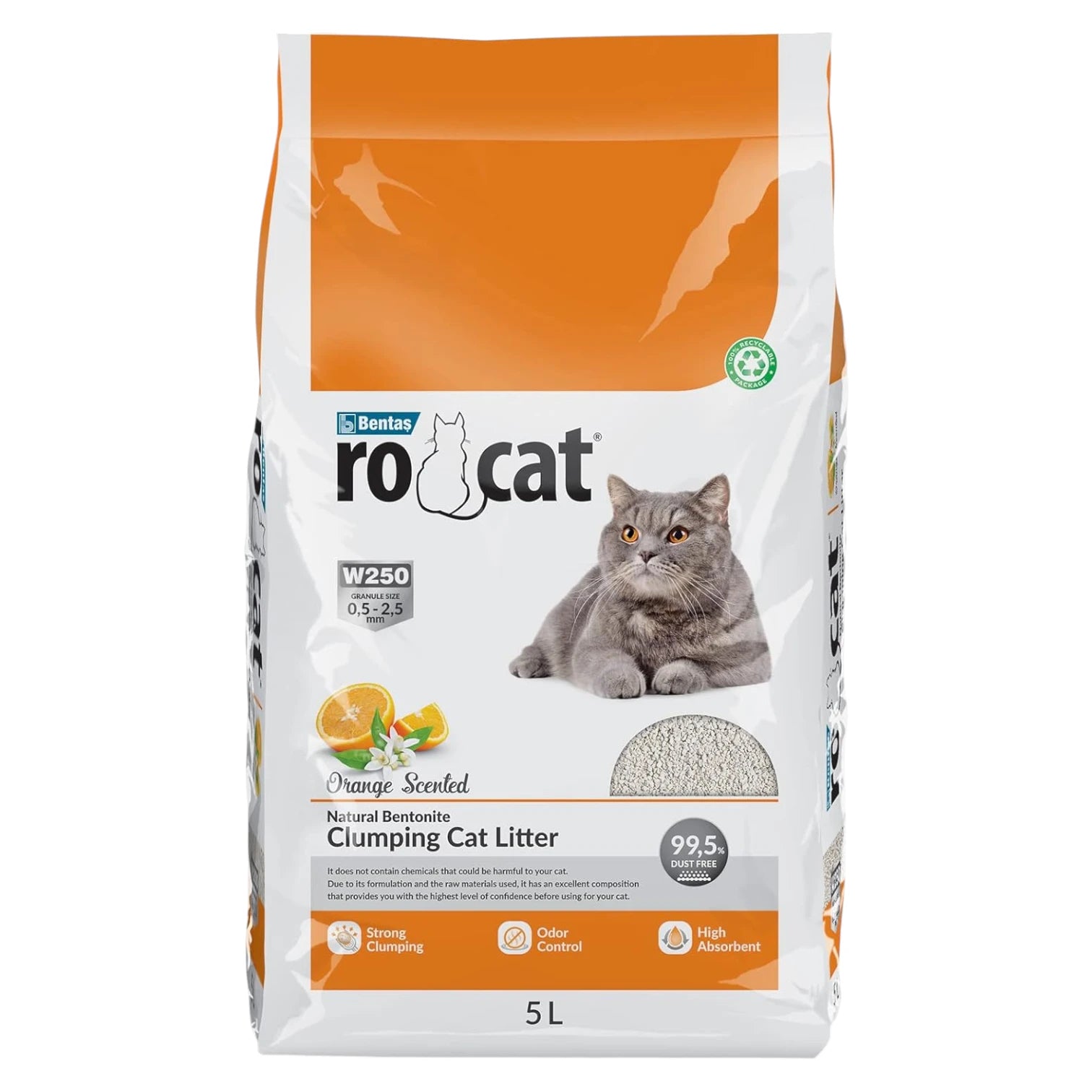 RoCat Natural White Bentonite Clumping Cat Litter – 5L Orange Scent | Ultra Absorbent, Fast Clumping, 99.5% Dust-Free, Odor Control, Easy Cleanup - Damoo