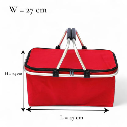 Insulated Picnic Basket with Aluminum Handle – Large Foldable Food Storage Tote Bag for Camping, Picnic, and Grocery – W27 x H24 x L47 cm