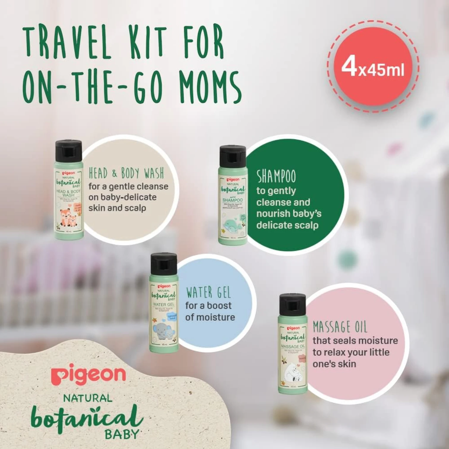 Pigeon Natural Botanical Baby Travel Set – 4 x 45ml | Mini Bath Essentials with Natural Ingredients | Tan Removal, Moisturizing & Travel-Friendly - Damoo