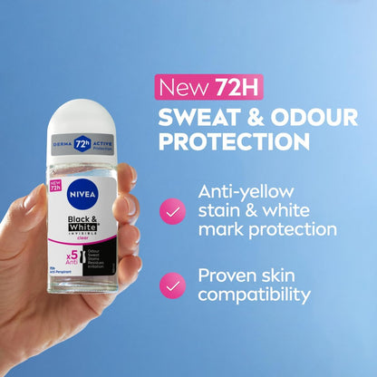 NIVEA Black & White Invisible Clear Antiperspirant Roll-On 50ml – 72h Protection | Odour, Sweat, Stain and Residue Control