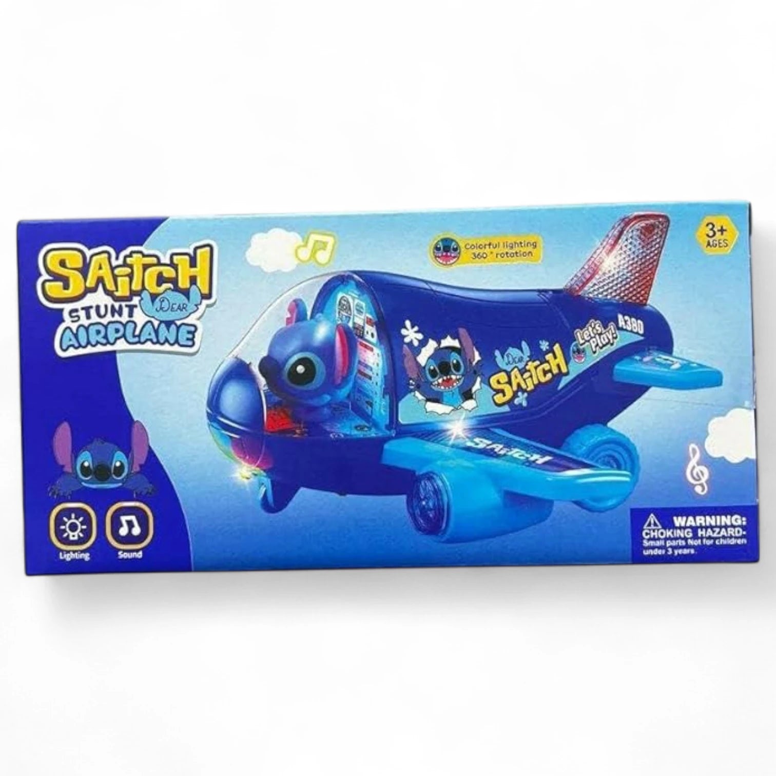 Stitch Stunt Airplane Toy with Lights & Sound – 360° Rotating Blue Airplane for Kids Ages 3+ | Interactive Aviation Toy with Fun Stunts & Character Design - Damoo