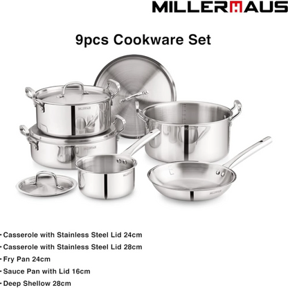 Millerhaus 9-Piece Stainless Steel Cookware Set – Premium 18/10 Steel, Saucepan, Frypan, Casseroles & Deep Pot with Lids, Durable & Induction Ready (MHIN-0832) - Damoo