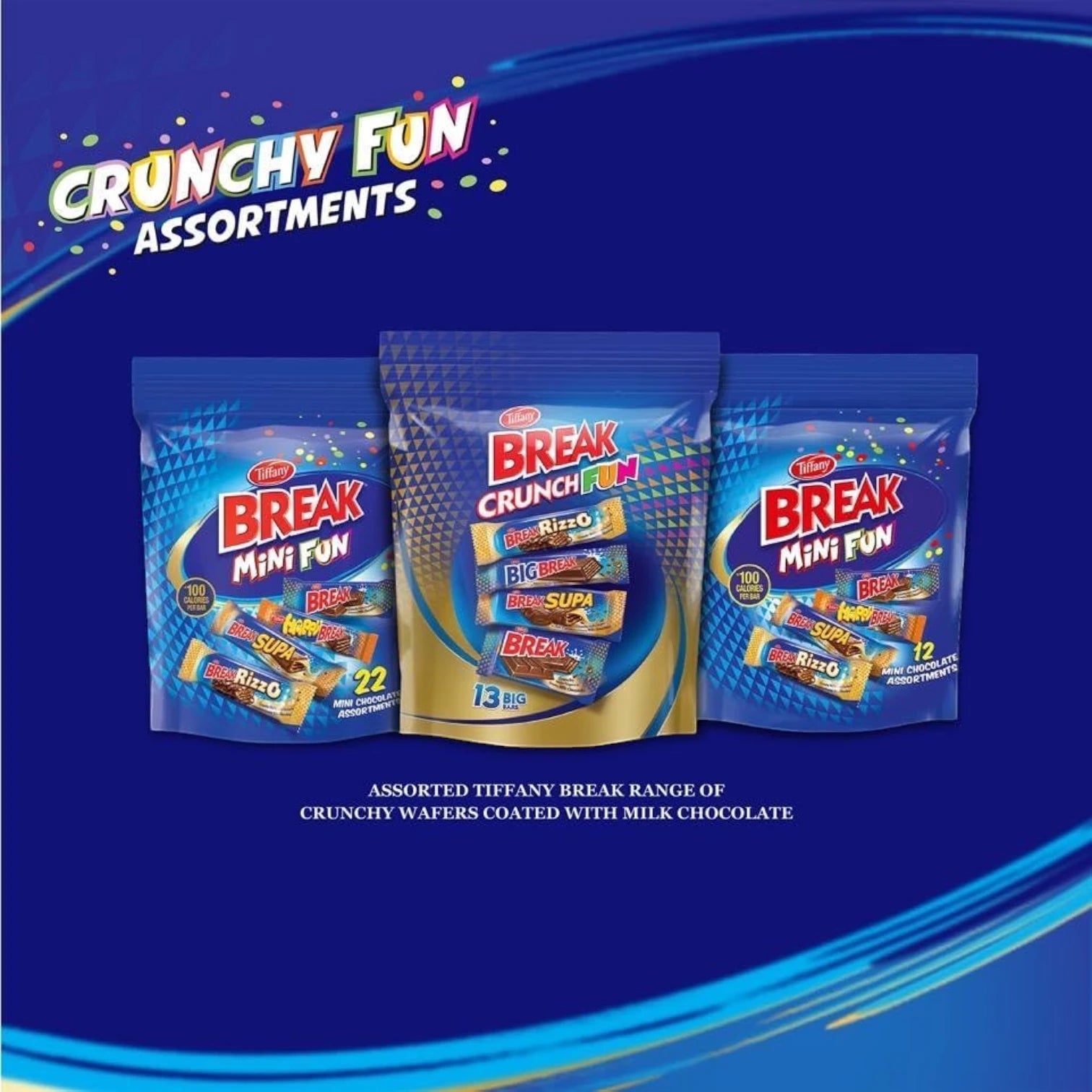 Tiffany Break Mini Fun – 12 Assorted Crunchy Wafer Fingers Coated in Creamy Milk Chocolate | 4 Varieties | Perfect Snack Pack for Gifting, Sharing & Celebrations | 186g - Damoo