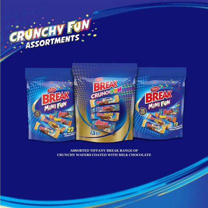 Tiffany Break Mini Fun – 12 Assorted Crunchy Wafer Fingers Coated in Creamy Milk Chocolate | 4 Varieties | Perfect Snack Pack for Gifting, Sharing & Celebrations | 186g - Damoo