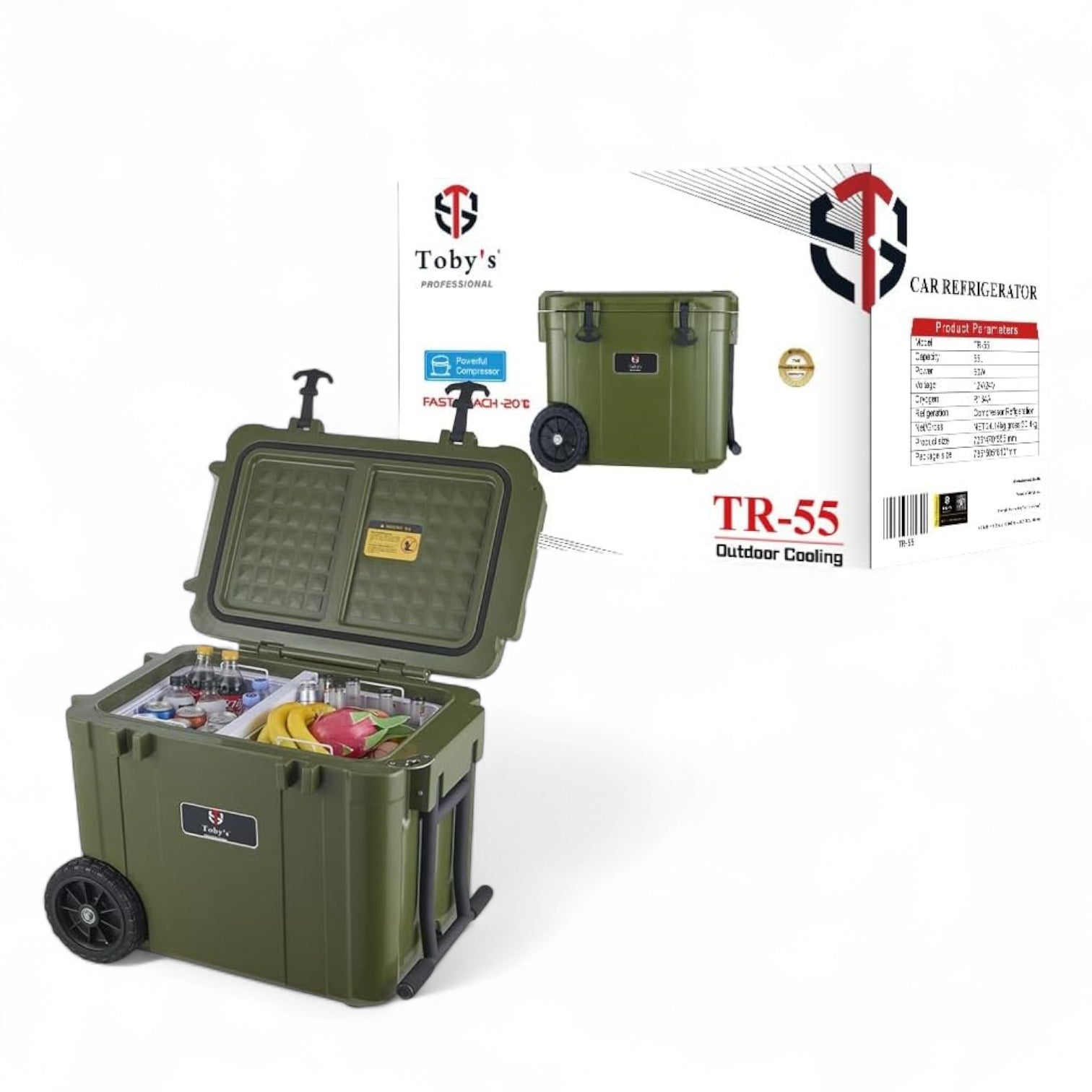 Toby's Portable Car Refrigerator 55L – Outdoor Camping Electric Cooler with Wheels, Fast Cooling, Dual Zone & 12V/24V Car & Home Use