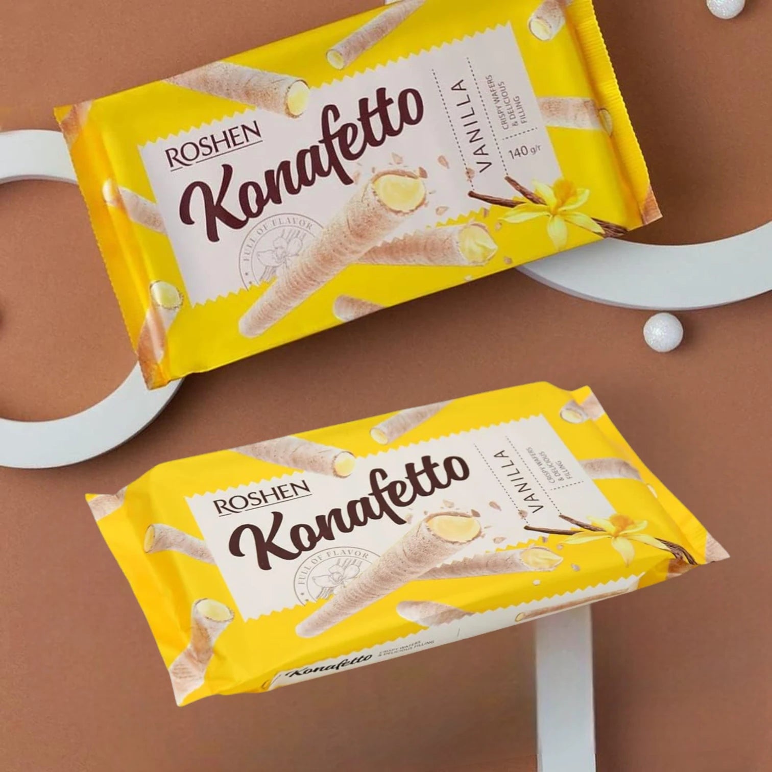 Roshen Konafetto Wafer Rolls with Vanilla-Cream Filling – 3 x 140g | Crispy Rolled Wafers with Smooth Vanilla Cream | Kosher & Halal | No Preservatives or Food Colors - Damoo