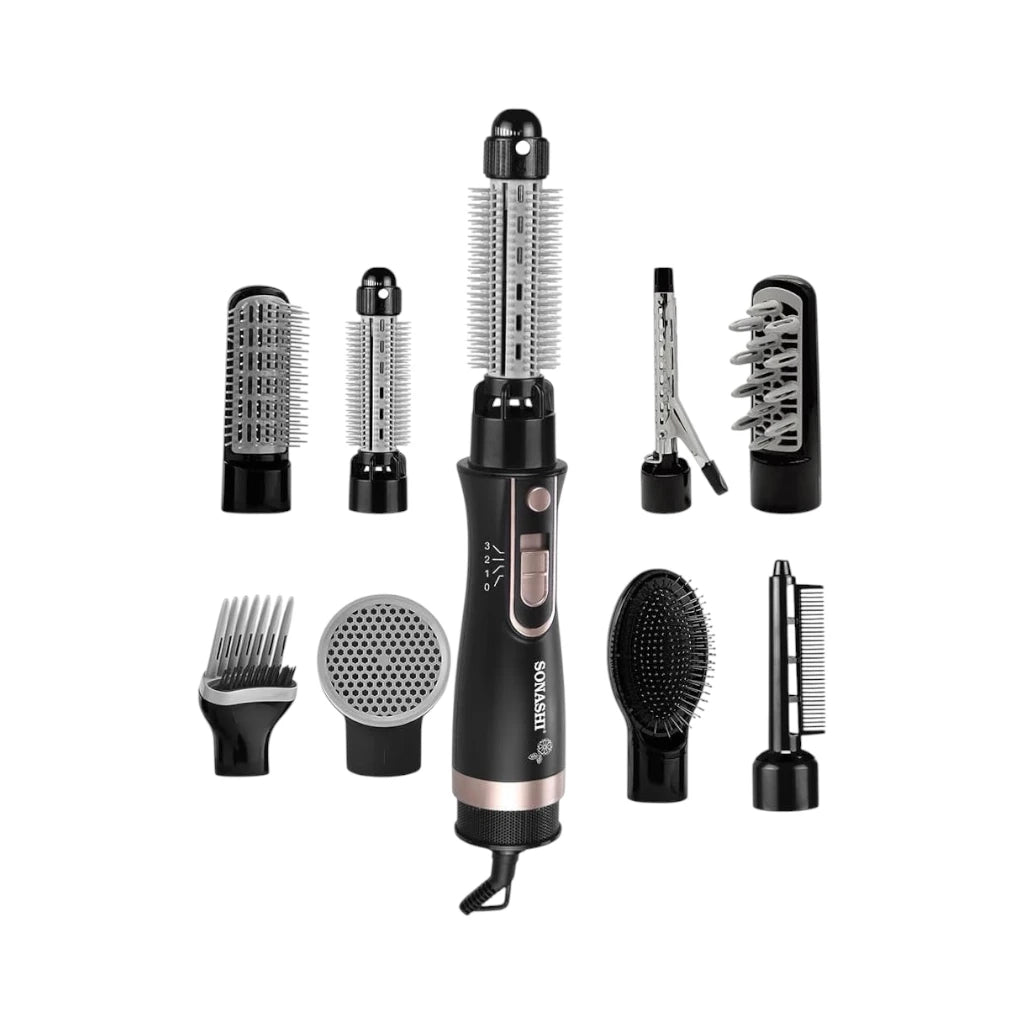 Sonashi 9-in-1 Hair Styler – 800W, 3 Speed Temperature Settings, 8 Detachable Heads, Quick Heat Up, Tangle-Free Cord – All-in-One Hair Tool for Curling, Straightening, Volumizing, Metal Finish, Black - SHS-2091 - Damoo
