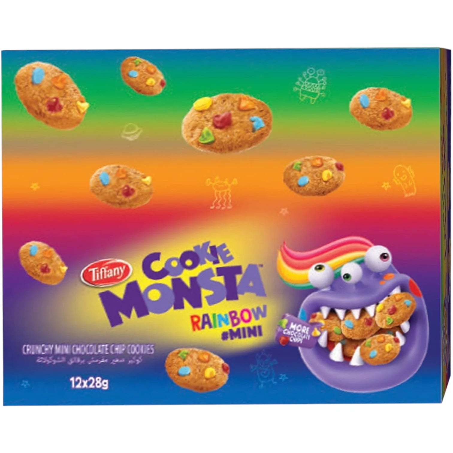 Tiffany Cookie Monsta Mini Rainbow Cookies – 8 x 28g – Chocolate Chip Cookies with Colorful Candy Chunks – Fun Snack Pack for Kids - Damoo