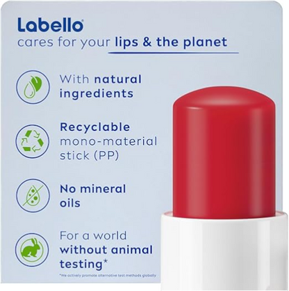 Labello Strawberry Shine Lip Balm – 24H Moisture, Vegan Formula, Red-Tinted Hydration with Shea Butter & Natural Oils – Smooth & Nourishing Lip Care - Damoo