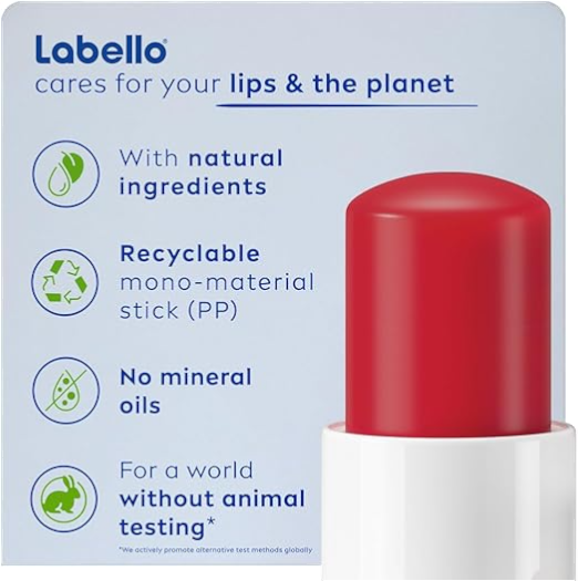 Labello Strawberry Shine Lip Balm – 24H Moisture, Vegan Formula, Red-Tinted Hydration with Shea Butter & Natural Oils – Smooth & Nourishing Lip Care - Damoo