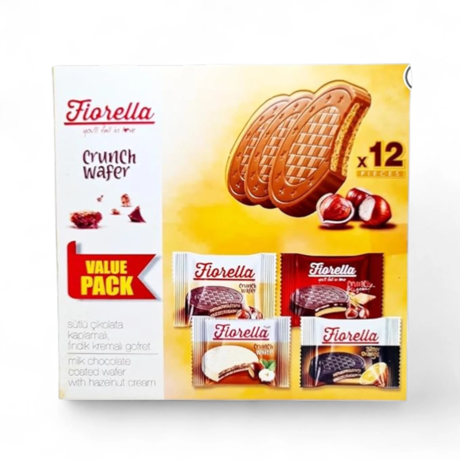 Fiorella Crunch Wafer Assorted Flavours – Pack of 12 x 20g | White Chocolate, Choco, Bitter Orange & Hazelnut Wafers  | Perfect for Gifting & Snacking - Damoo
