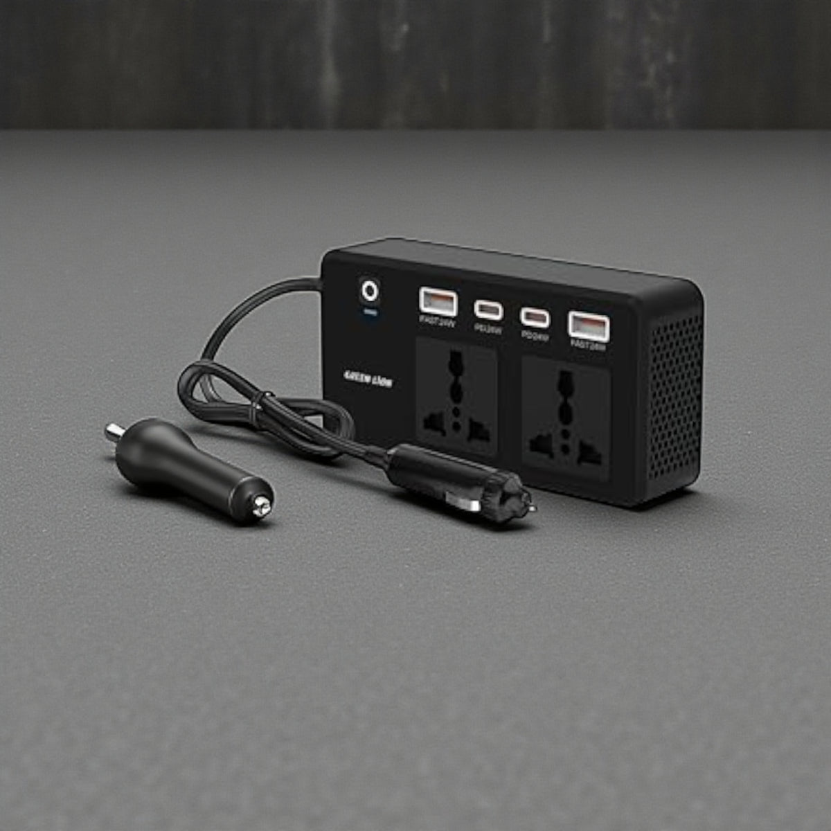 محول طاقة للسيارة Green Lion GC-200 - 200 واط، مزود بمقبسين للتيار المتردد، ومنفذي USB-A، ومنفذي USB-C | شحن سريع PD بقوة 24 واط | من 12 فولت إلى 220 فولت | محطة طاقة متنقلة لأجهزة الكمبيوتر المحمولة والهواتف وملحقات السيارات 