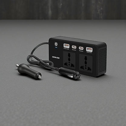 محول طاقة للسيارة Green Lion GC-200 - 200 واط، مزود بمقبسين للتيار المتردد، ومنفذي USB-A، ومنفذي USB-C | شحن سريع PD بقوة 24 واط | من 12 فولت إلى 220 فولت | محطة طاقة متنقلة لأجهزة الكمبيوتر المحمولة والهواتف وملحقات السيارات 