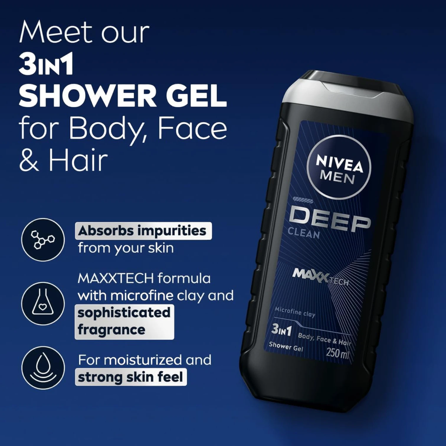 NIVEA MEN Deep 3in1 Shower Gel 250ml – Micro-Fine Clay Deep Cleansing Body Face & Hair Wash with Woody Fragrance pH Balanced - Damoo