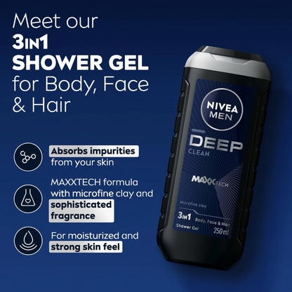 NIVEA MEN Deep 3in1 Shower Gel 250ml – Micro-Fine Clay Deep Cleansing Body Face & Hair Wash with Woody Fragrance pH Balanced - Damoo