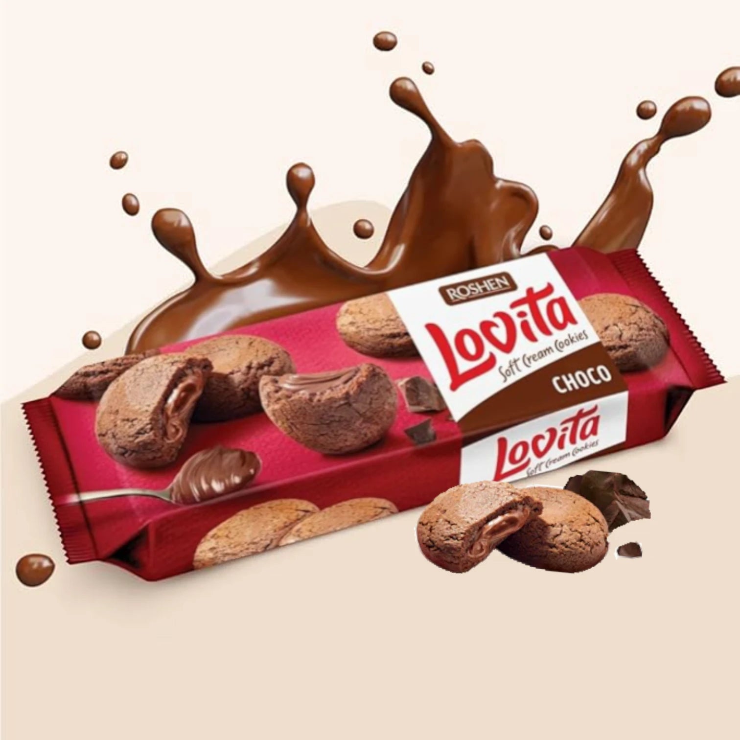 Roshen Lovita Soft Cream Cookies – Cocoa Flavor, Pack of 3 | Crispy & Creamy Snack | Hazelnut Filling | No Preservatives or Artificial Colors - Damoo