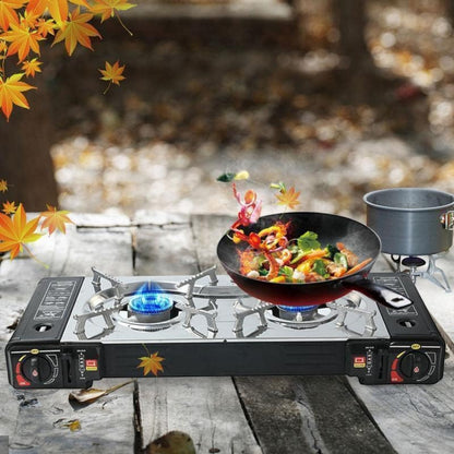 Gaskocher Double Burner Portable Camping Gas Stove – Lightweight Outdoor Gas Cooker with Automatic Ignition, Enamel Pan Holder, and High Heat Output – Ideal for Home, Camping & Picnics