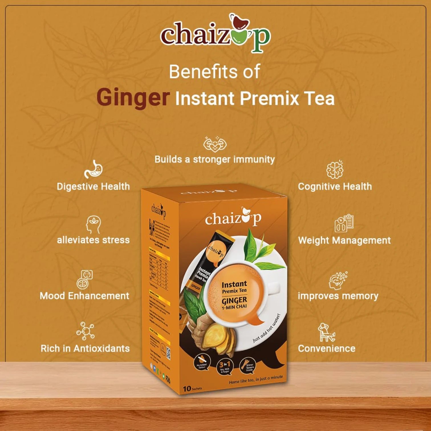 Chaizup Premium Instant Ginger Tea – 10 Sachets | 1-Minute Masala Chai with Natural Indian Spices | Travel-Friendly, Easy to Brew - Damoo
